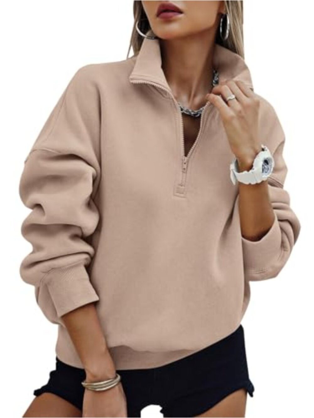 Oversized Half Zip Fleece Sweatshirt with Pockets and Stand-Up Collar